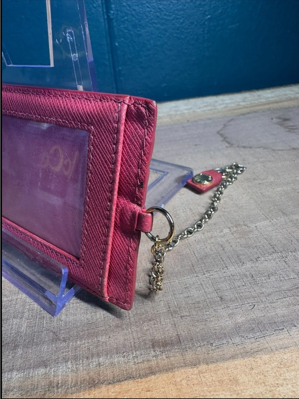 Prada Hot Pink Saffiano Leather Card Holder with Chain Keyring Made in Italy